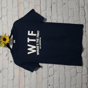 Fishing t-shirt "Where's the fish?" navy blue cotton Sz S